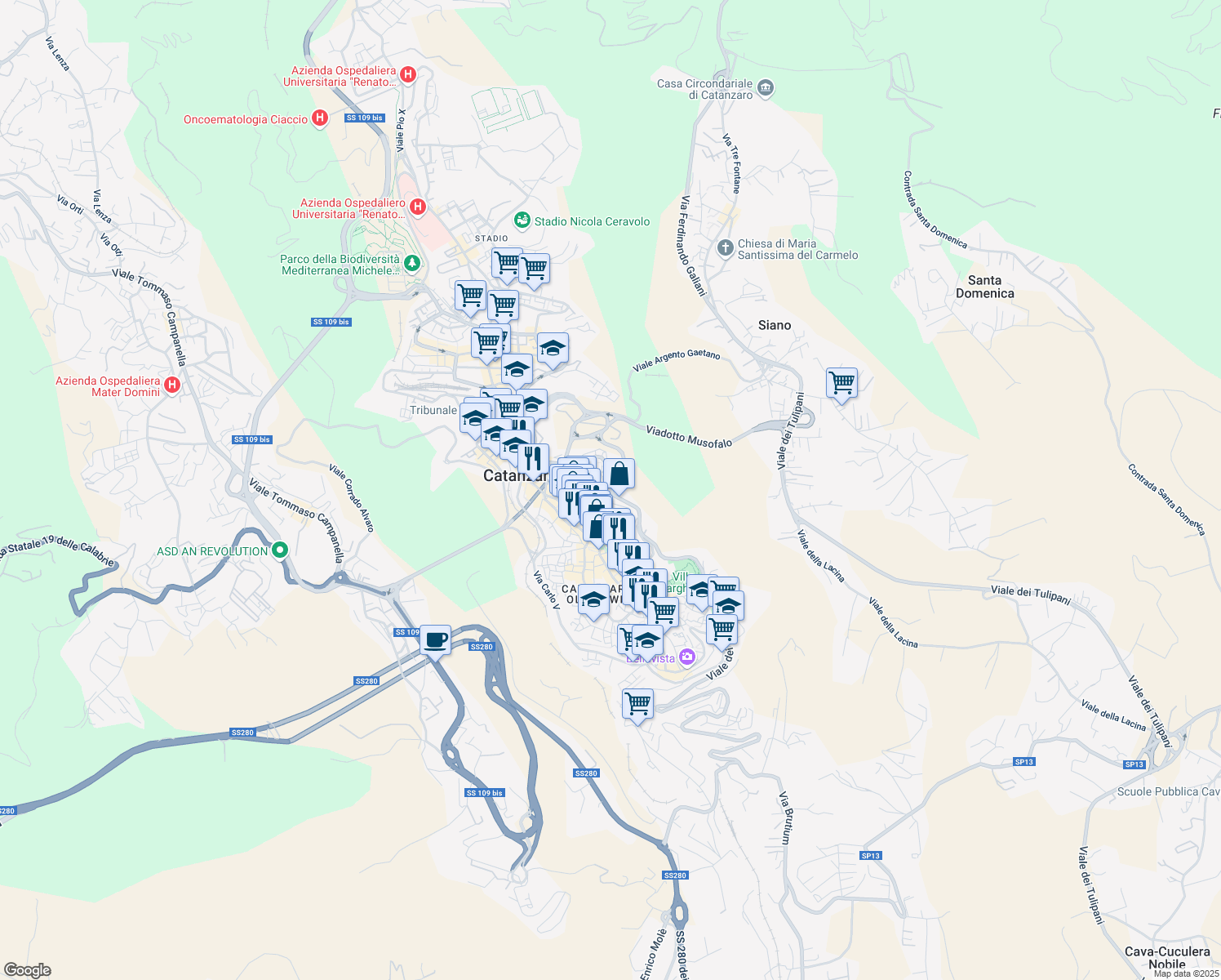 map of restaurants, bars, coffee shops, grocery stores, and more near 26 Via Domenico Milelli in Catanzaro