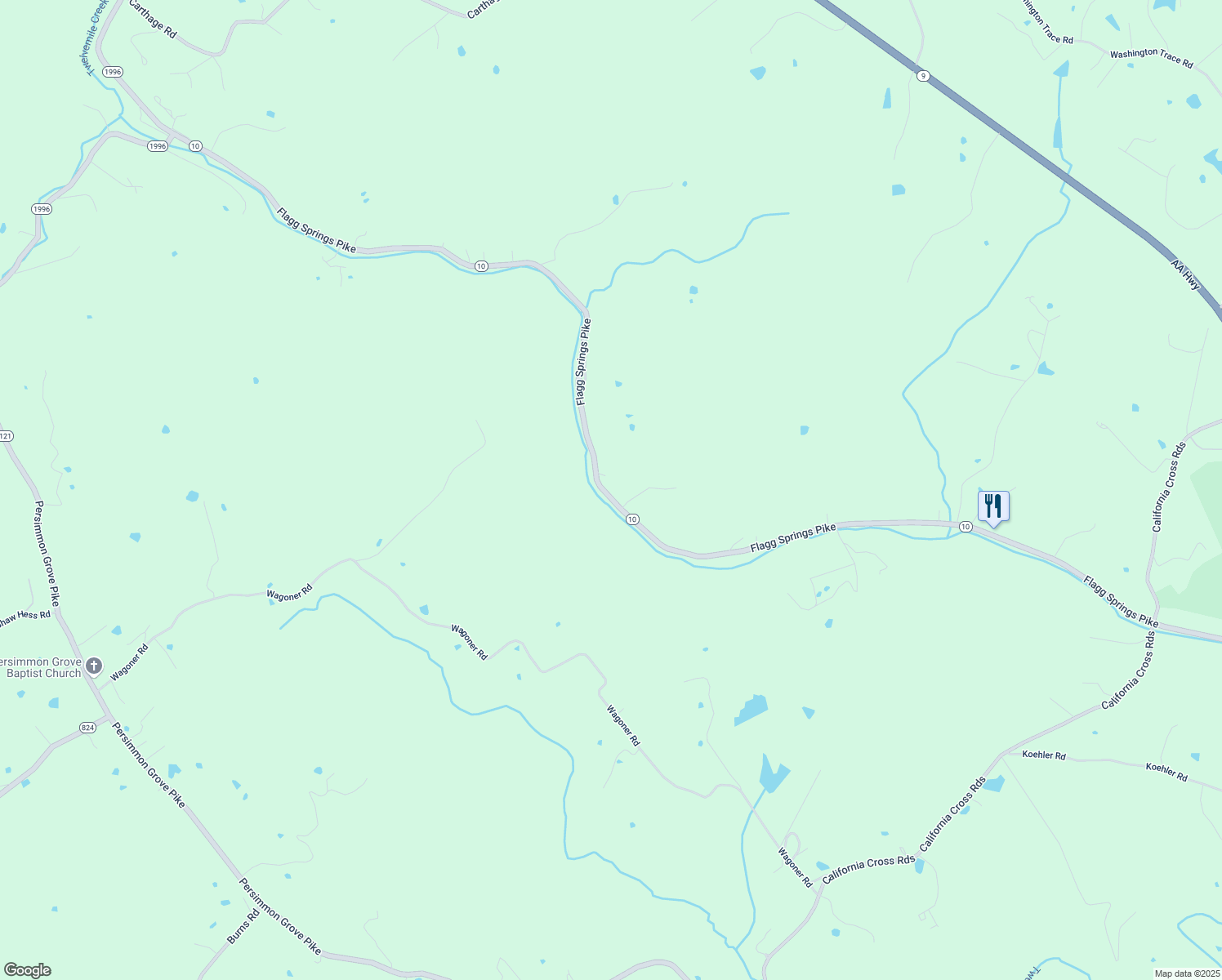 map of restaurants, bars, coffee shops, grocery stores, and more near 10577 Flagg Springs Pike in California