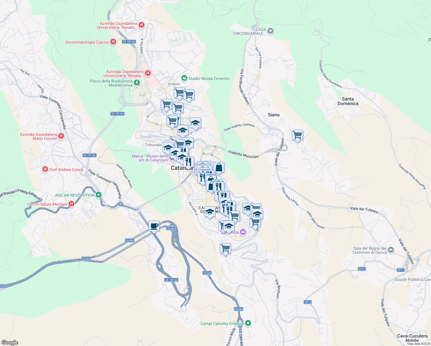 map of restaurants, bars, coffee shops, grocery stores, and more near 26 Via Domenico Milelli in Catanzaro