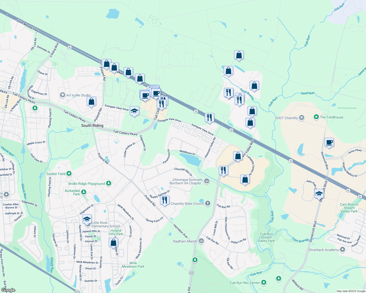 map of restaurants, bars, coffee shops, grocery stores, and more near 25574 Falling Spring Way in Chantilly