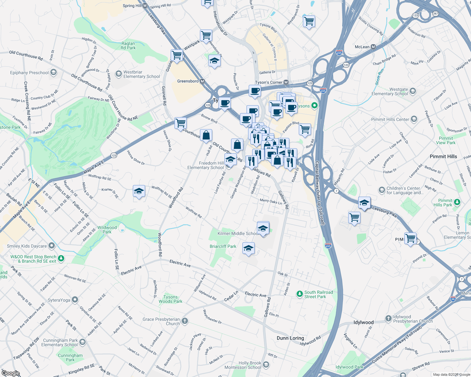 map of restaurants, bars, coffee shops, grocery stores, and more near 1999 George Washington Rd in Vienna