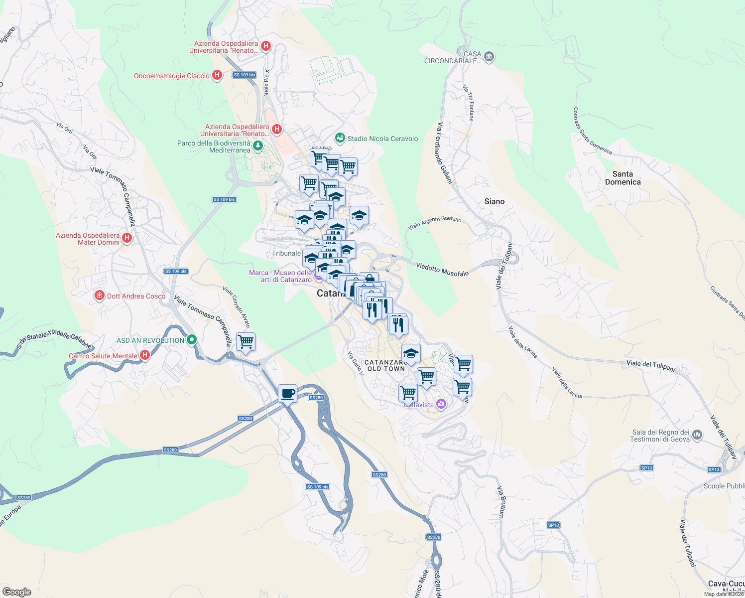 map of restaurants, bars, coffee shops, grocery stores, and more near 41 Via Francesco Acri in Catanzaro