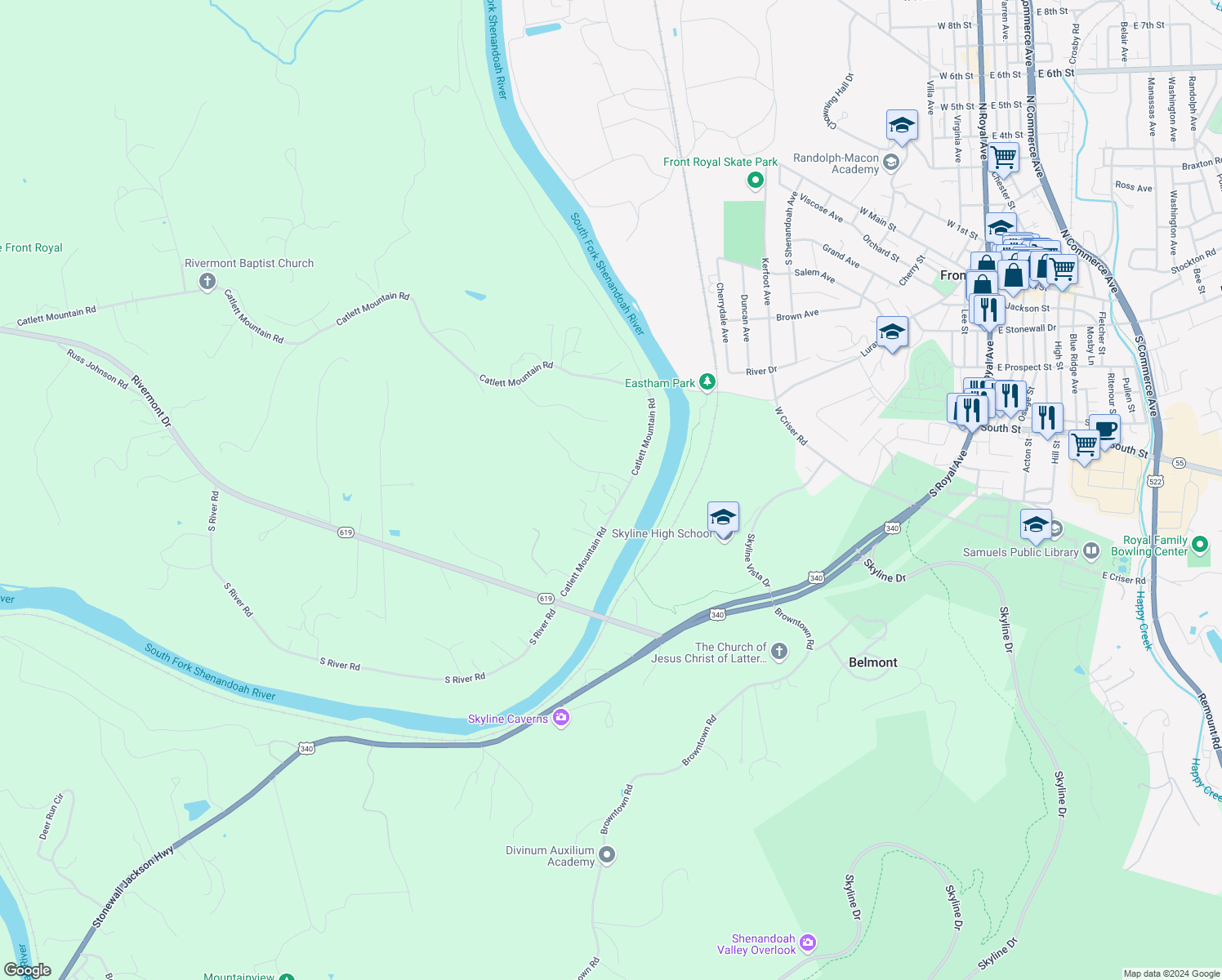map of restaurants, bars, coffee shops, grocery stores, and more near 2364 Catlett Mountain Road in Front Royal