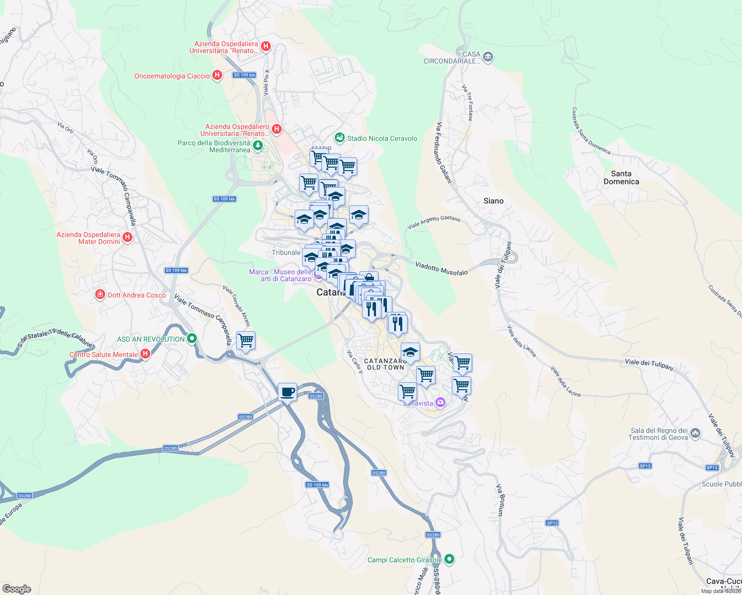 map of restaurants, bars, coffee shops, grocery stores, and more near 41 Via Francesco Acri in Catanzaro