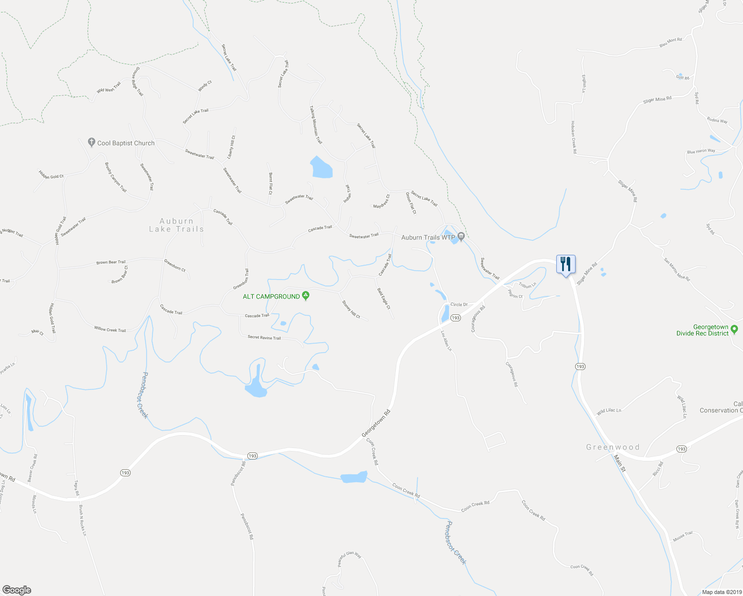 map of restaurants, bars, coffee shops, grocery stores, and more near 2240 Bald Eagle Court in Cool