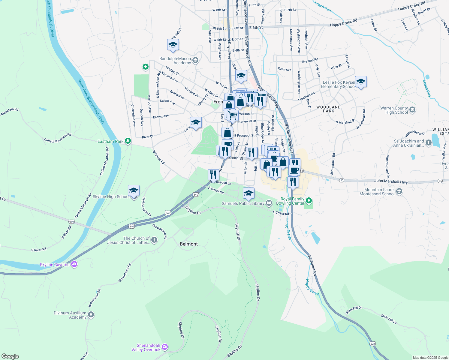 map of restaurants, bars, coffee shops, grocery stores, and more near 625 Highview Street in Front Royal