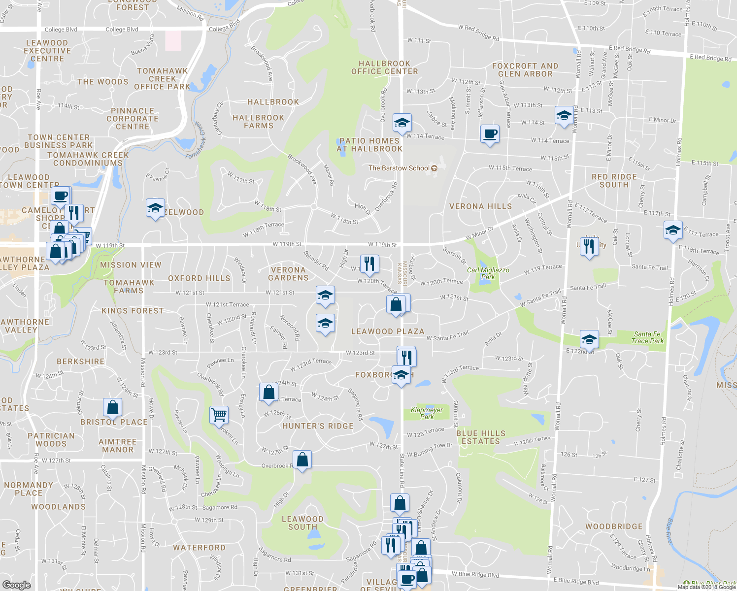 map of restaurants, bars, coffee shops, grocery stores, and more near 2113 West 121st Street in Leawood