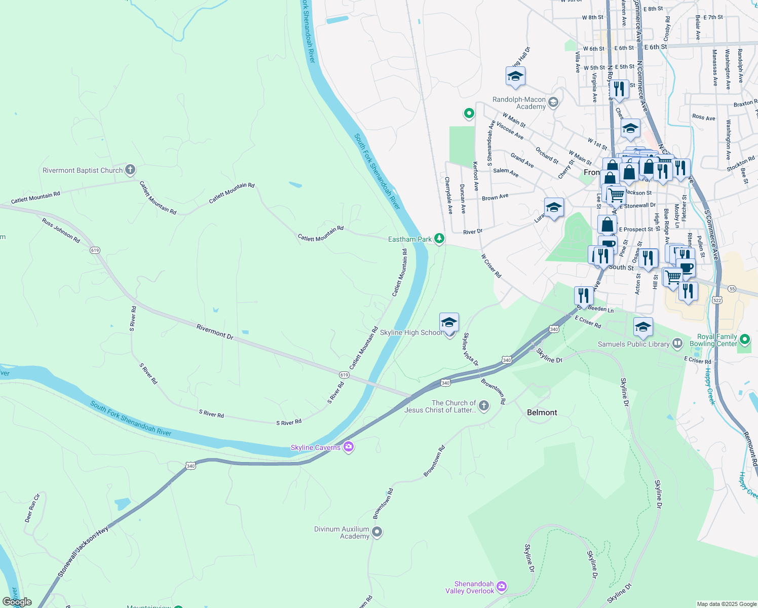 map of restaurants, bars, coffee shops, grocery stores, and more near 2364 Catlett Mountain Road in Front Royal