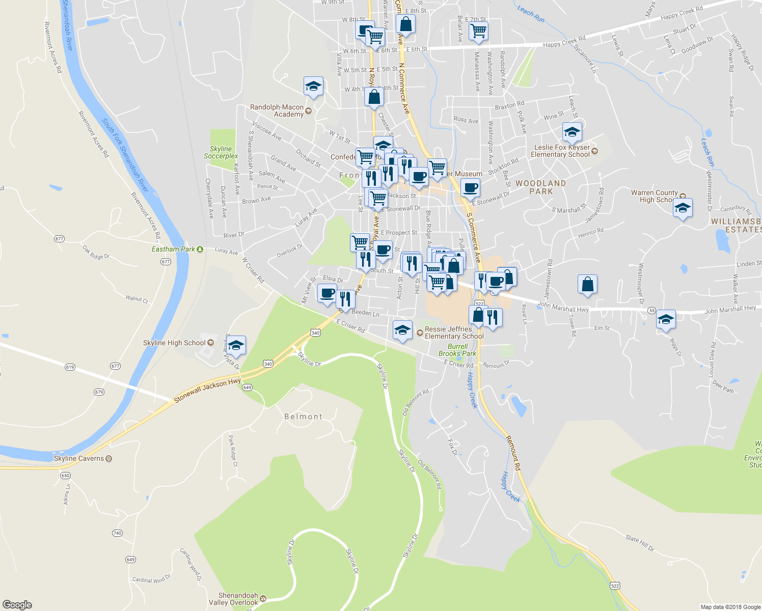map of restaurants, bars, coffee shops, grocery stores, and more near 128 Scott Street in Front Royal