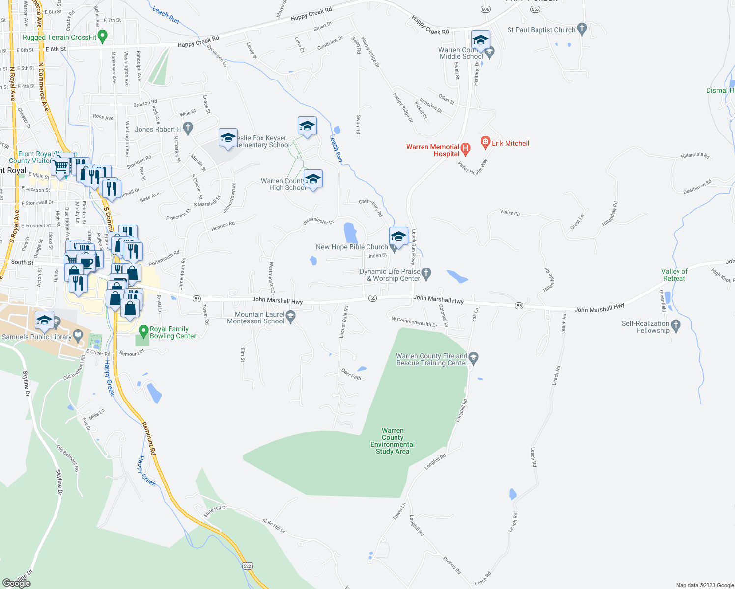 map of restaurants, bars, coffee shops, grocery stores, and more near 1456 John Marshall Hwy in Front Royal