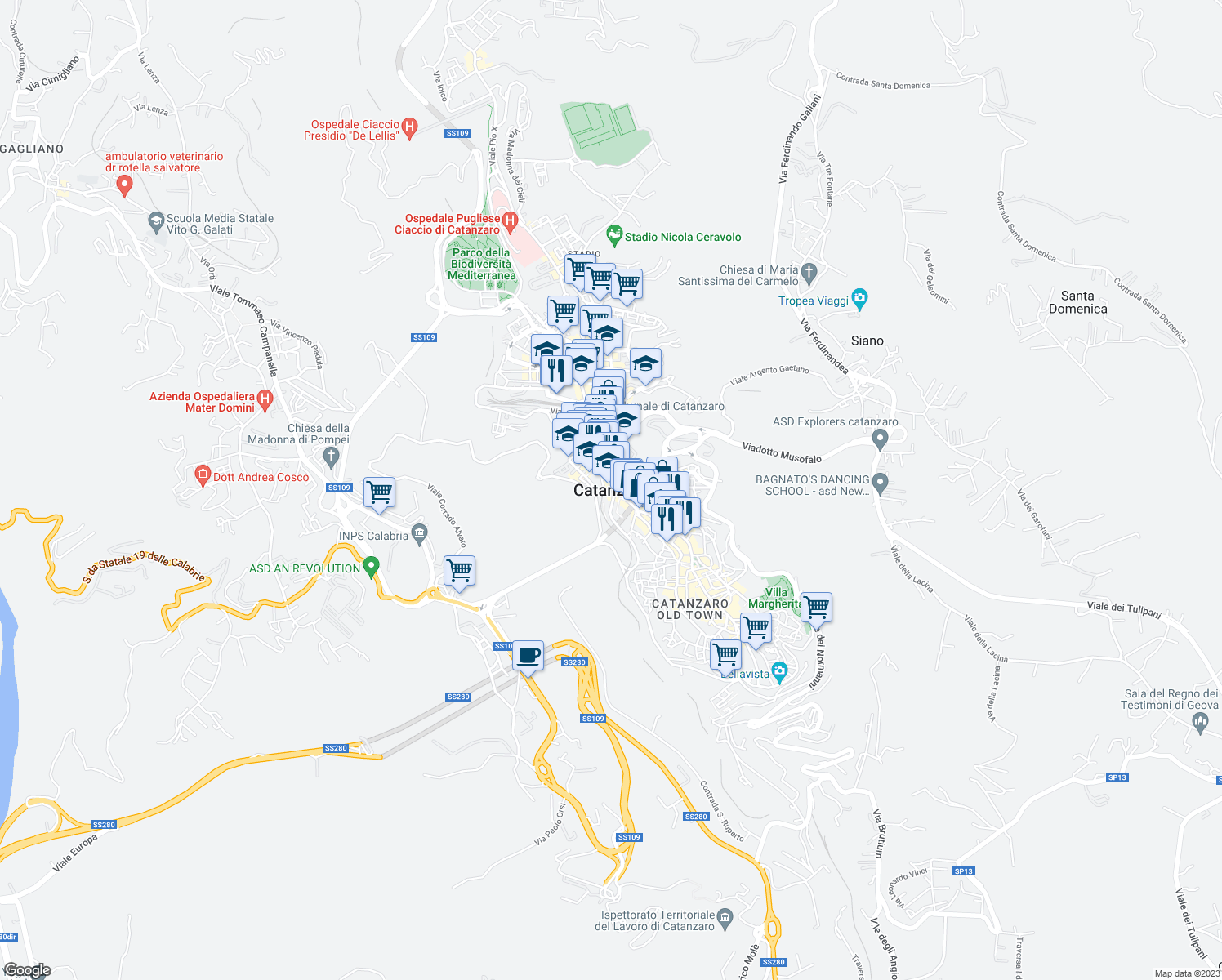 map of restaurants, bars, coffee shops, grocery stores, and more near in Catanzaro