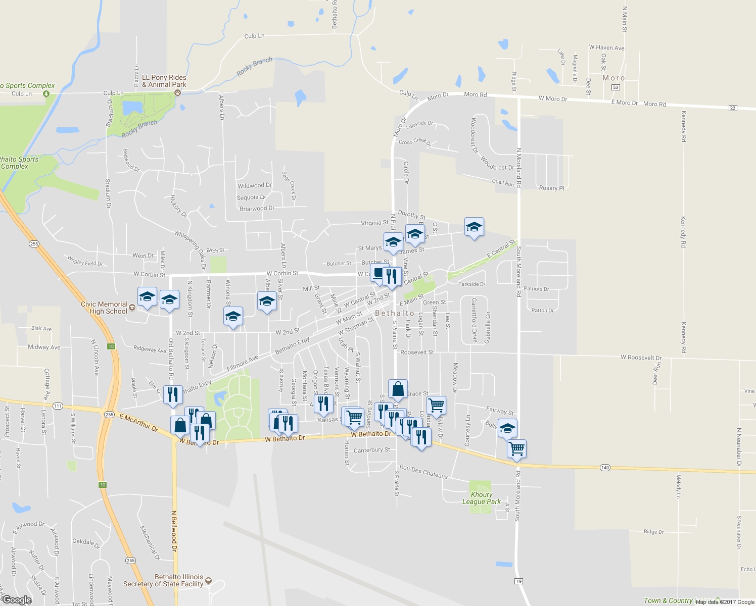 map of restaurants, bars, coffee shops, grocery stores, and more near 202 West Main Street in Bethalto