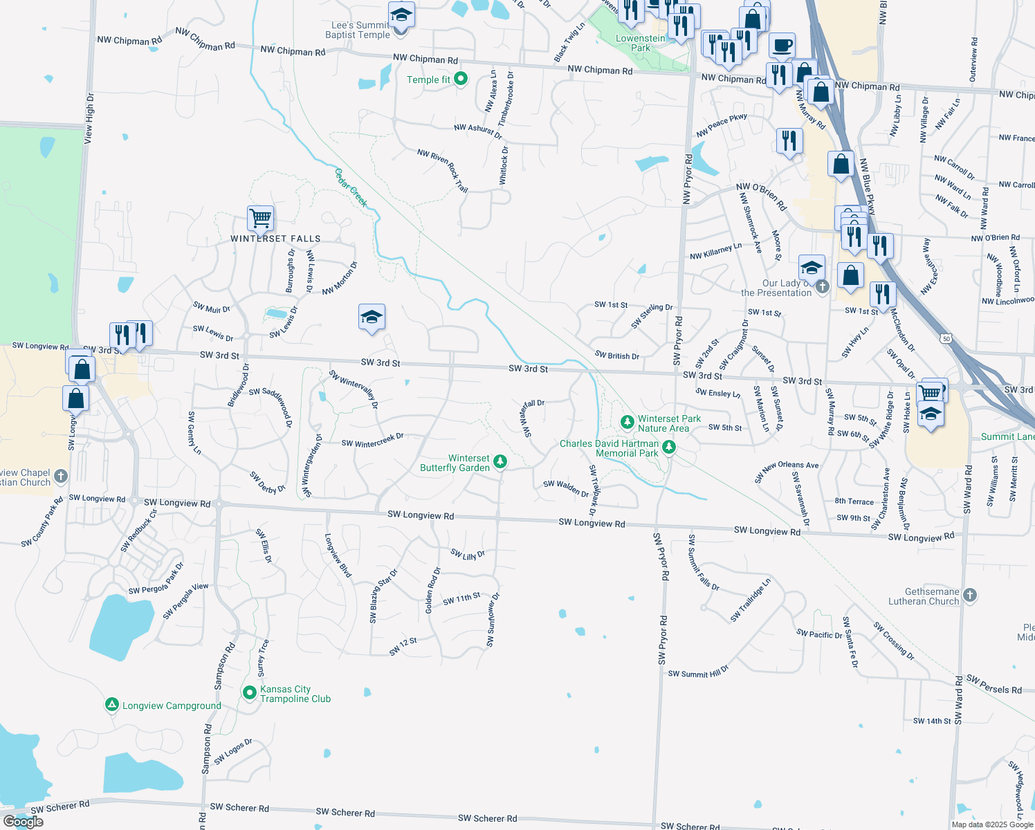 map of restaurants, bars, coffee shops, grocery stores, and more near 2304 Southwest Waterfall Drive in Lee's Summit