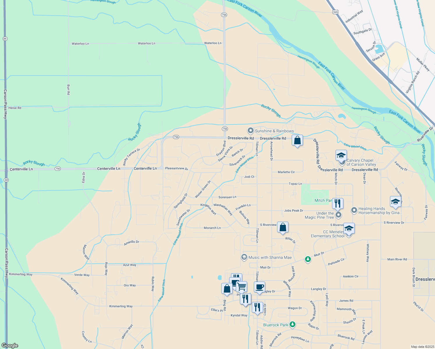 map of restaurants, bars, coffee shops, grocery stores, and more near 993 Winter Green Drive in Gardnerville