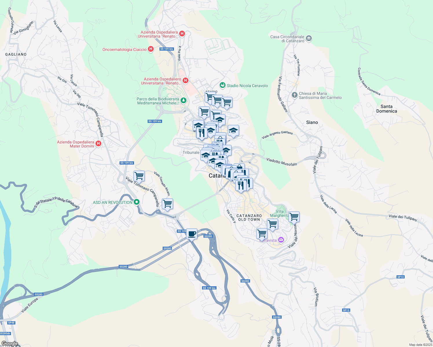 map of restaurants, bars, coffee shops, grocery stores, and more near in Catanzaro