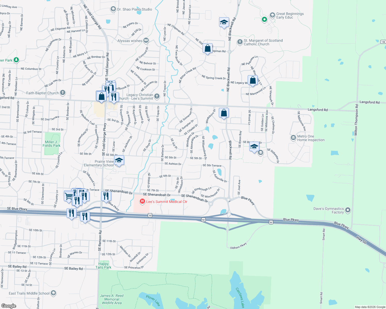 map of restaurants, bars, coffee shops, grocery stores, and more near 417 Southeast Alexandria Drive in Lee's Summit