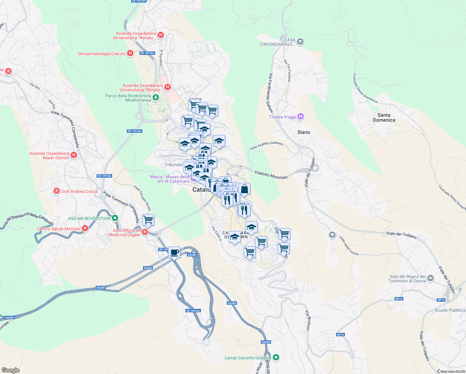map of restaurants, bars, coffee shops, grocery stores, and more near 13 Via Vincenzo Ciaccio in Catanzaro