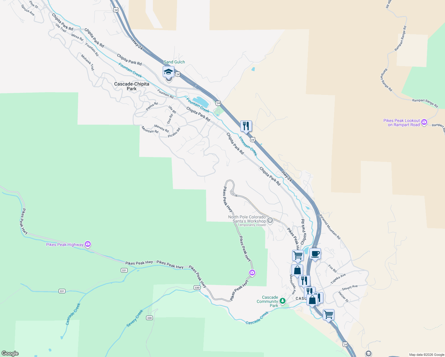 map of restaurants, bars, coffee shops, grocery stores, and more near 5295 Kulsa Road in Cascade-Chipita Park