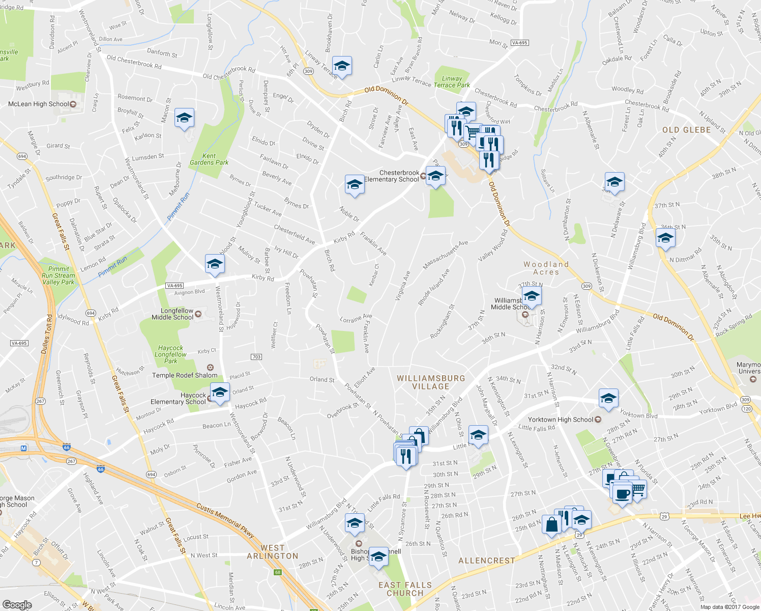 map of restaurants, bars, coffee shops, grocery stores, and more near 1935 Franklin Avenue in McLean