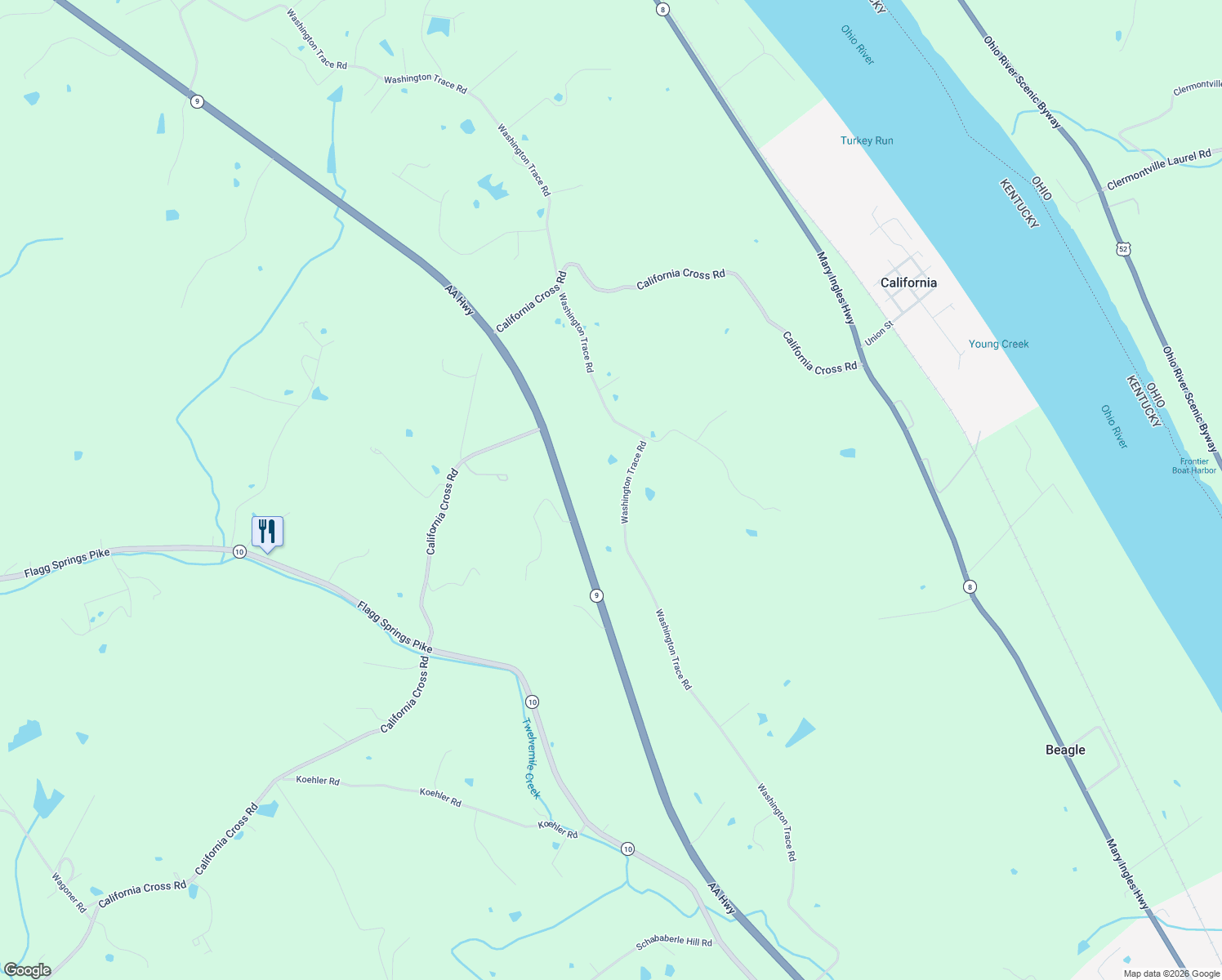 map of restaurants, bars, coffee shops, grocery stores, and more near 10572 Washington Trace Road in California