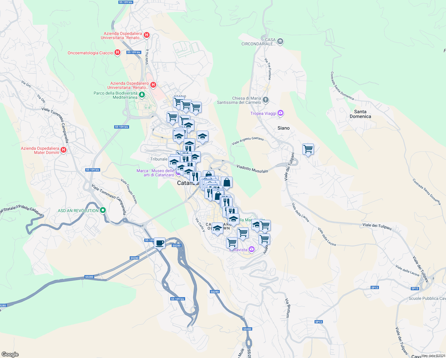 map of restaurants, bars, coffee shops, grocery stores, and more near Via Sant'Agostino in Catanzaro