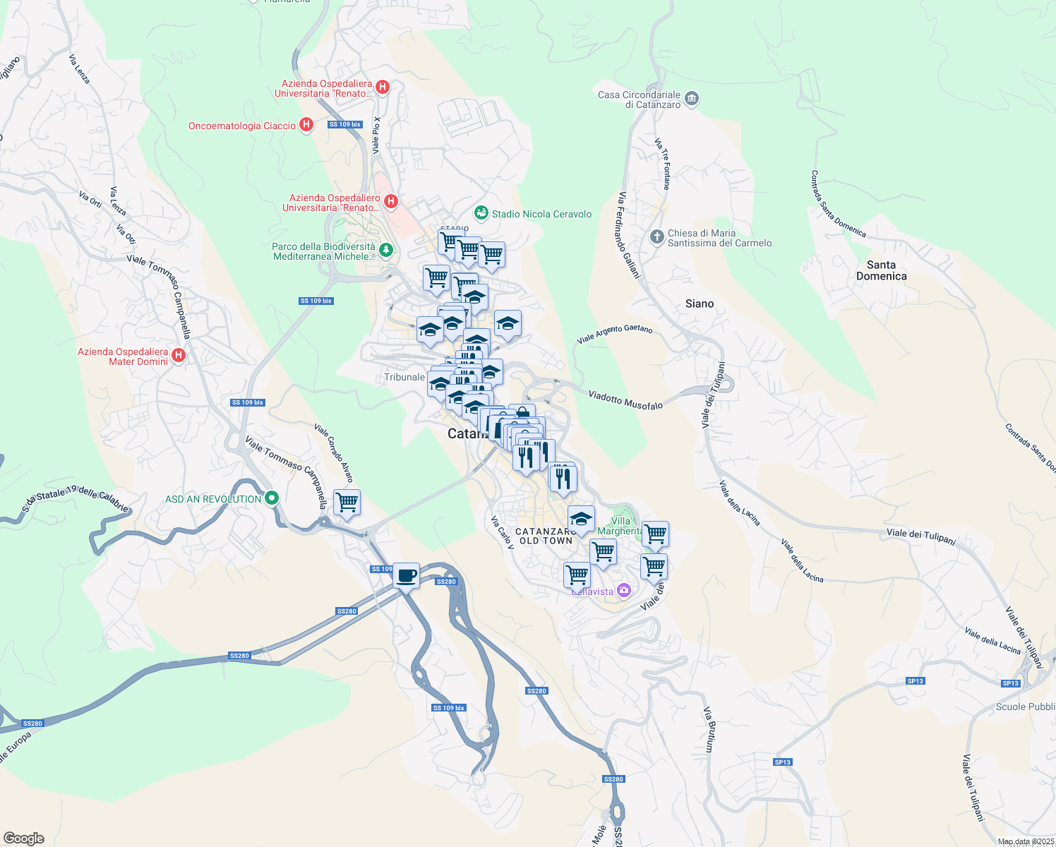 map of restaurants, bars, coffee shops, grocery stores, and more near 41 Via Francesco Acri in Catanzaro