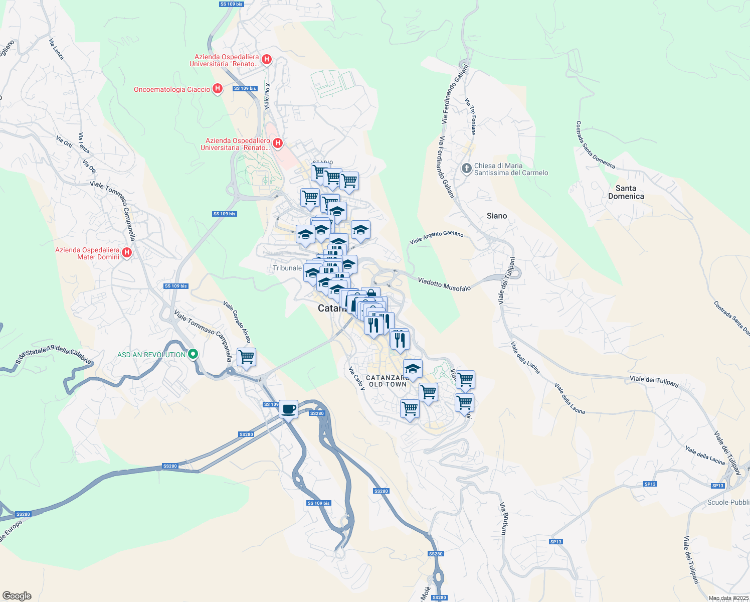 map of restaurants, bars, coffee shops, grocery stores, and more near 41 Via Francesco Acri in Catanzaro