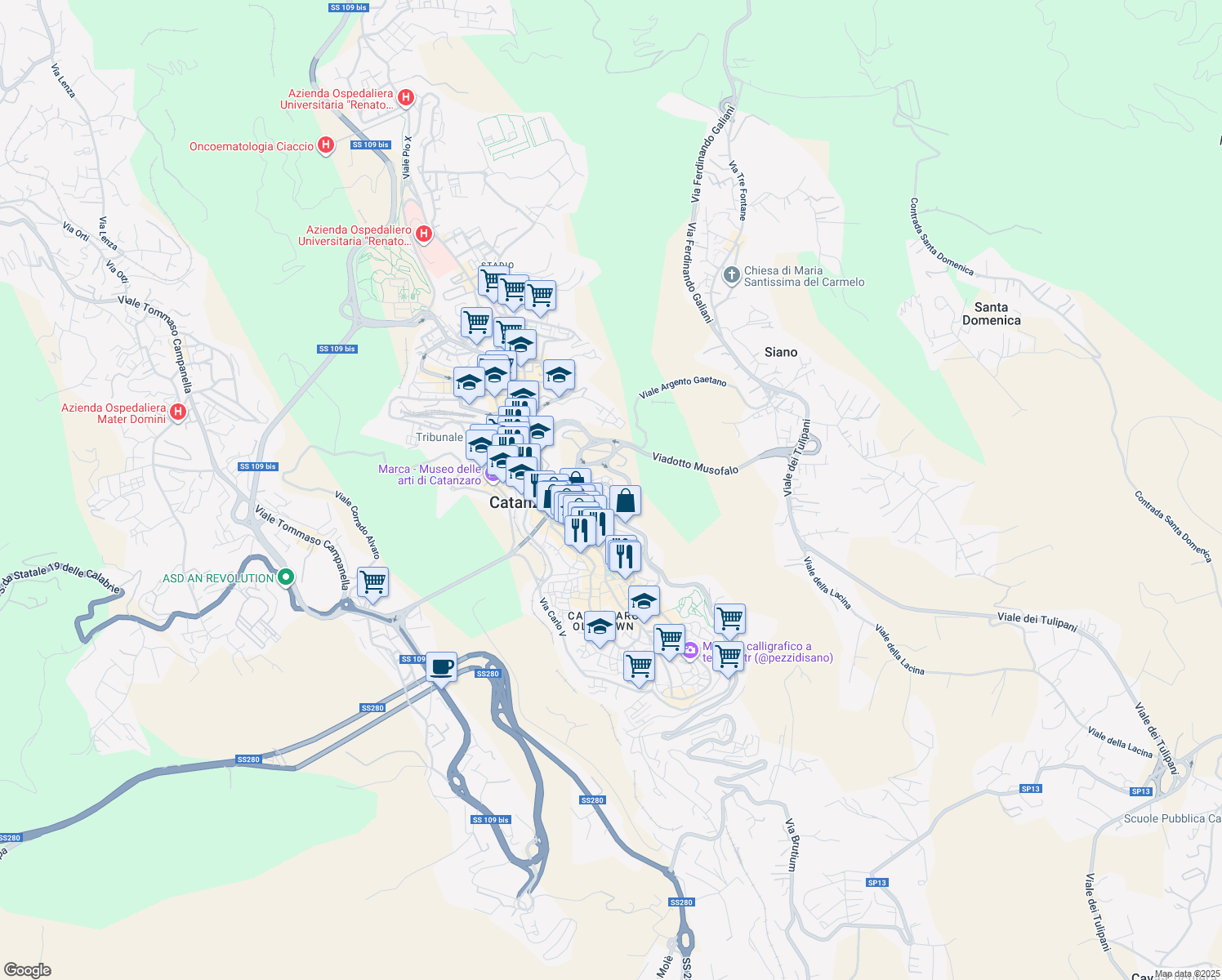 map of restaurants, bars, coffee shops, grocery stores, and more near 13 Via Vincenzo Ciaccio in Catanzaro