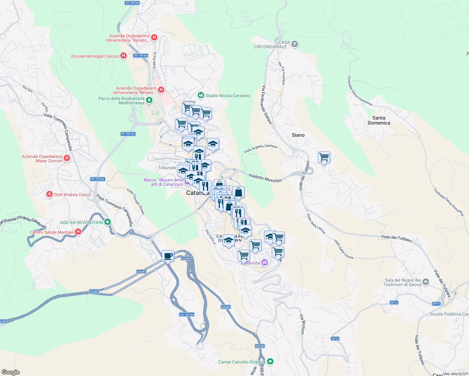 map of restaurants, bars, coffee shops, grocery stores, and more near Via Sant'Agostino in Catanzaro