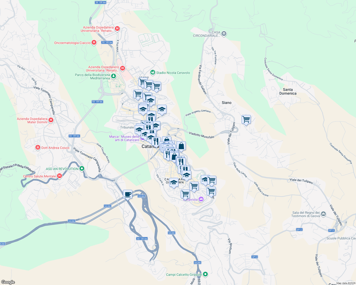 map of restaurants, bars, coffee shops, grocery stores, and more near Via Sant'Agostino in Catanzaro