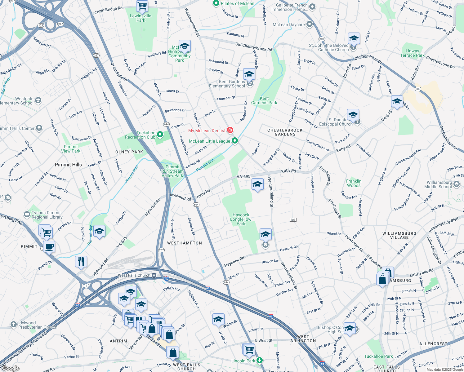map of restaurants, bars, coffee shops, grocery stores, and more near 2025 Brooks Square Place in Falls Church