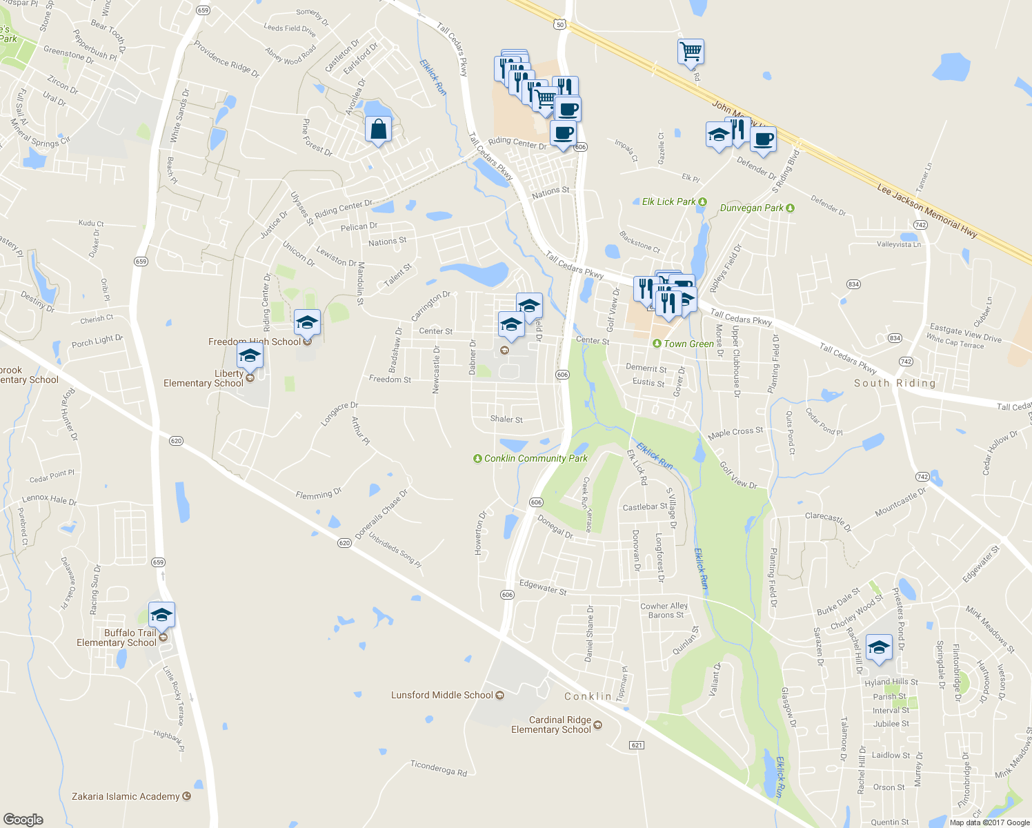 map of restaurants, bars, coffee shops, grocery stores, and more near 42793 Pilgrim Square in Chantilly