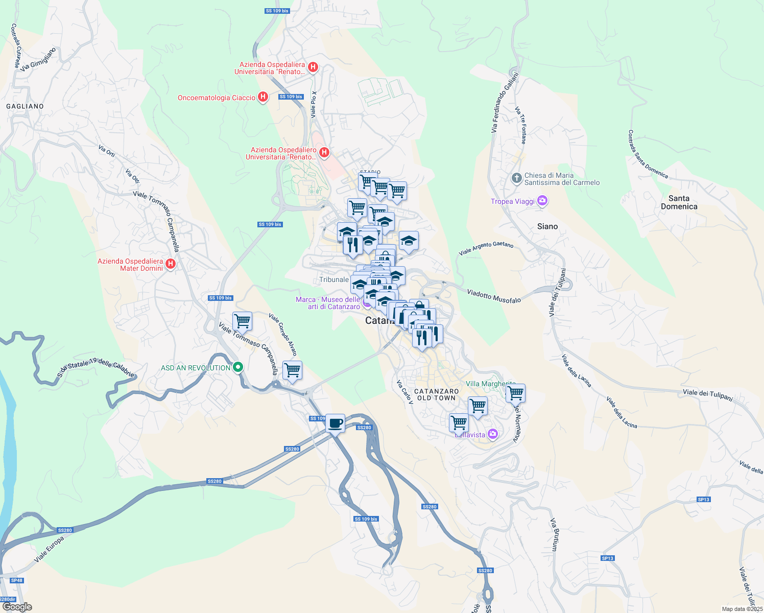 map of restaurants, bars, coffee shops, grocery stores, and more near in Catanzaro