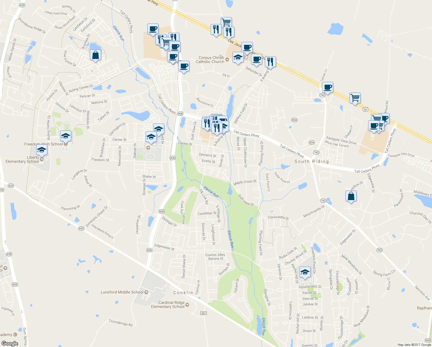 map of restaurants, bars, coffee shops, grocery stores, and more near 25541 Gwynneth Square in Chantilly