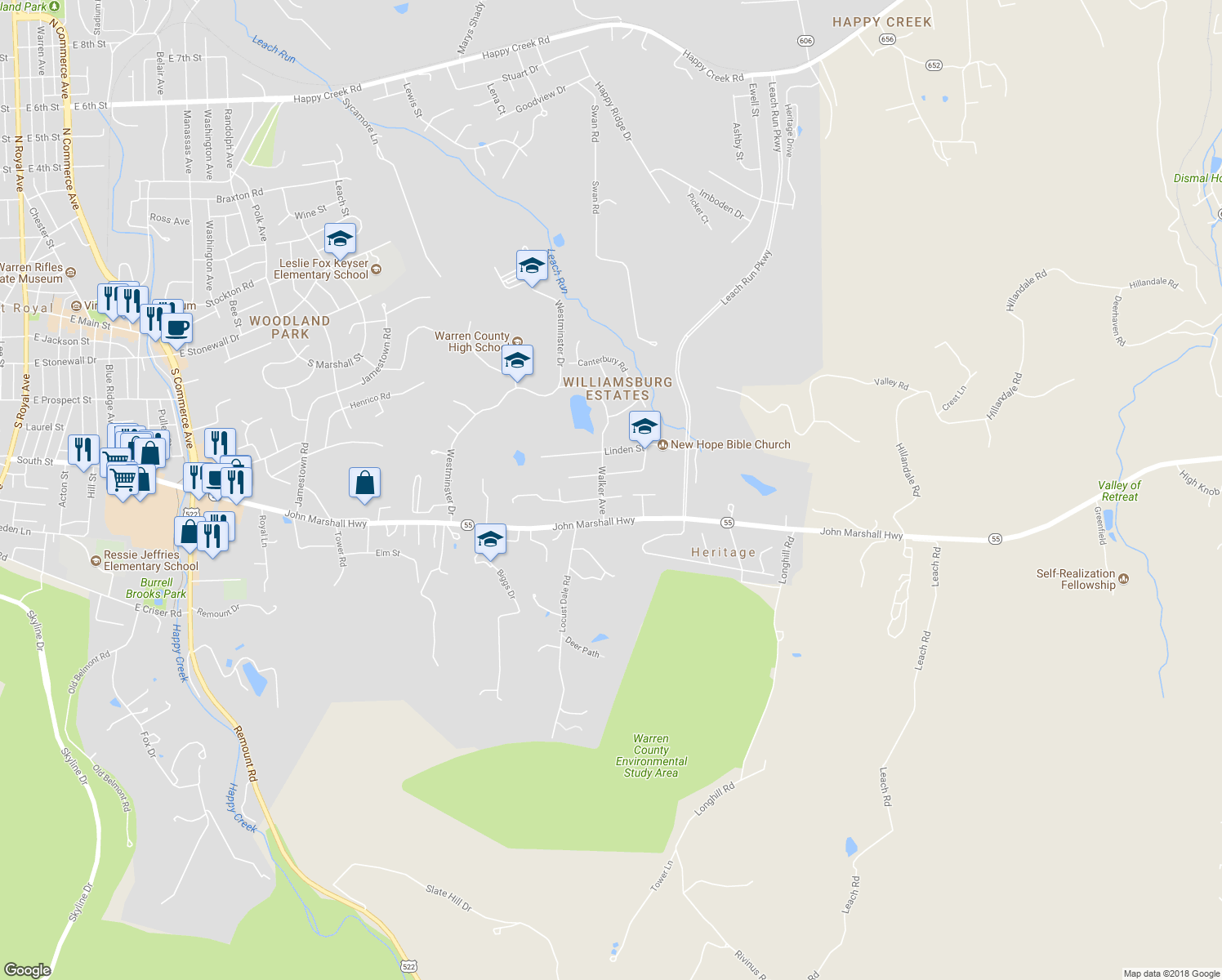 map of restaurants, bars, coffee shops, grocery stores, and more near 1456 Anderson Street in Front Royal