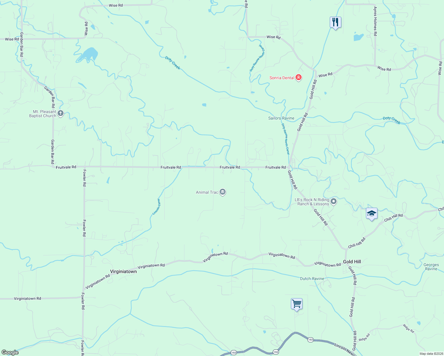 map of restaurants, bars, coffee shops, grocery stores, and more near 5560 Fruitvale Road in Newcastle