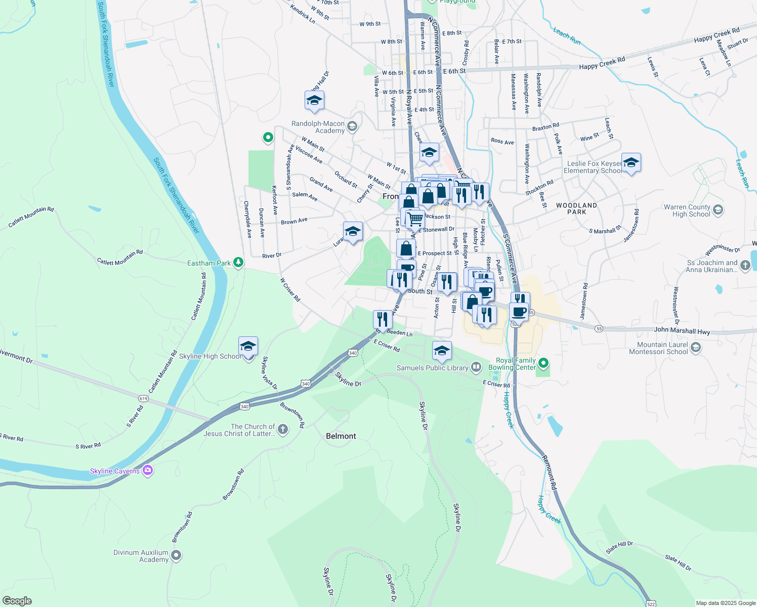 map of restaurants, bars, coffee shops, grocery stores, and more near 134 Elsia Dr in Front Royal
