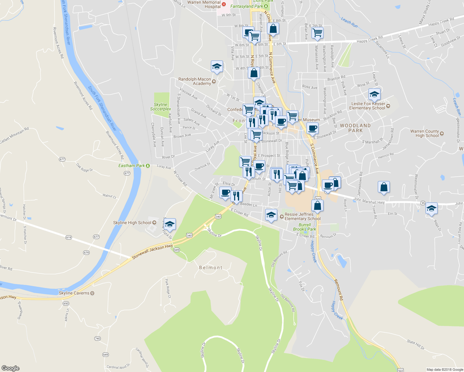 map of restaurants, bars, coffee shops, grocery stores, and more near 150 Elsia Drive in Front Royal