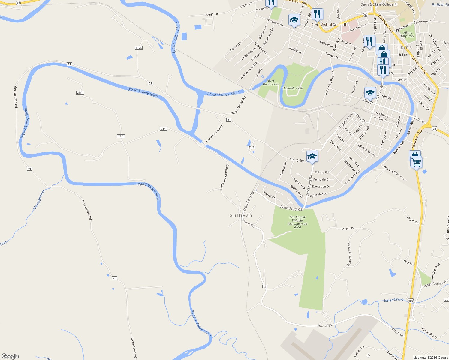map of restaurants, bars, coffee shops, grocery stores, and more near Sullivans Crossing in Elkins