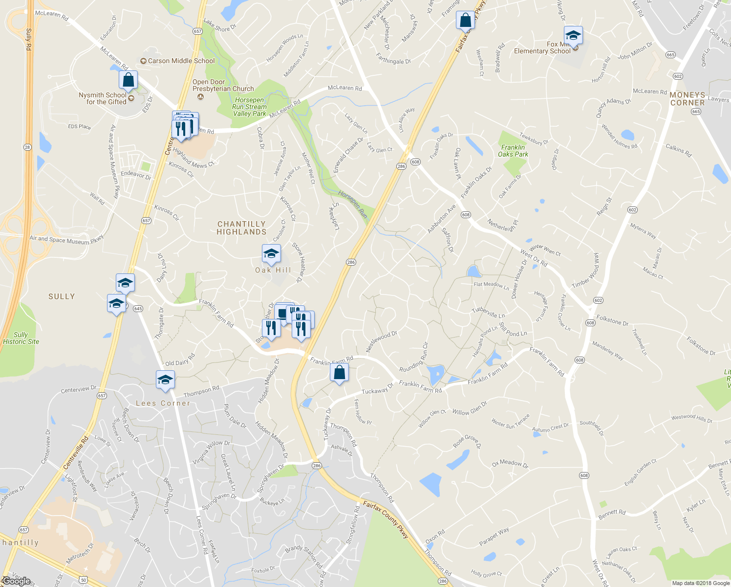 map of restaurants, bars, coffee shops, grocery stores, and more near 3117 Ashburton Avenue in Herndon