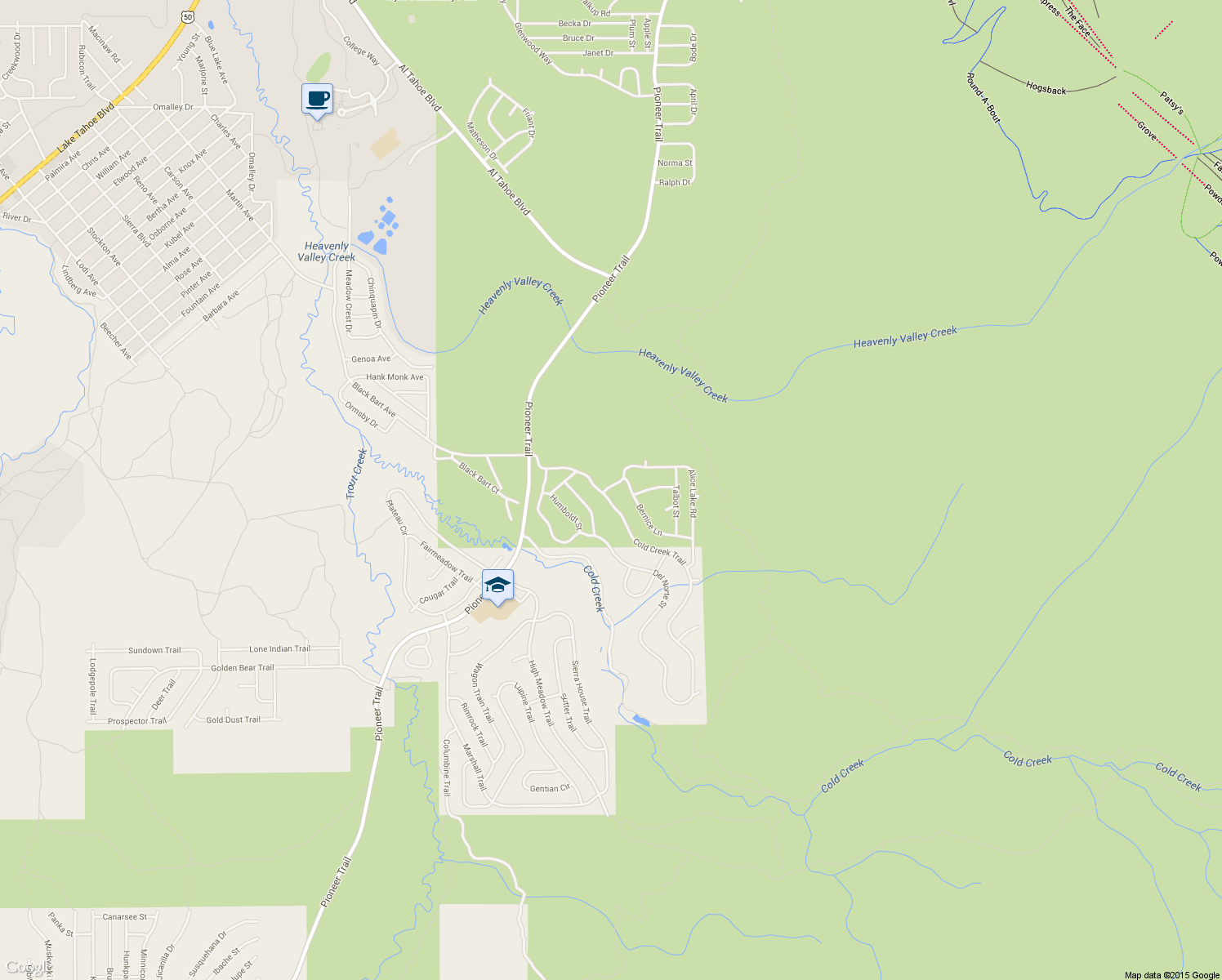 map of restaurants, bars, coffee shops, grocery stores, and more near 2545 Alice Lake Road in South Lake Tahoe