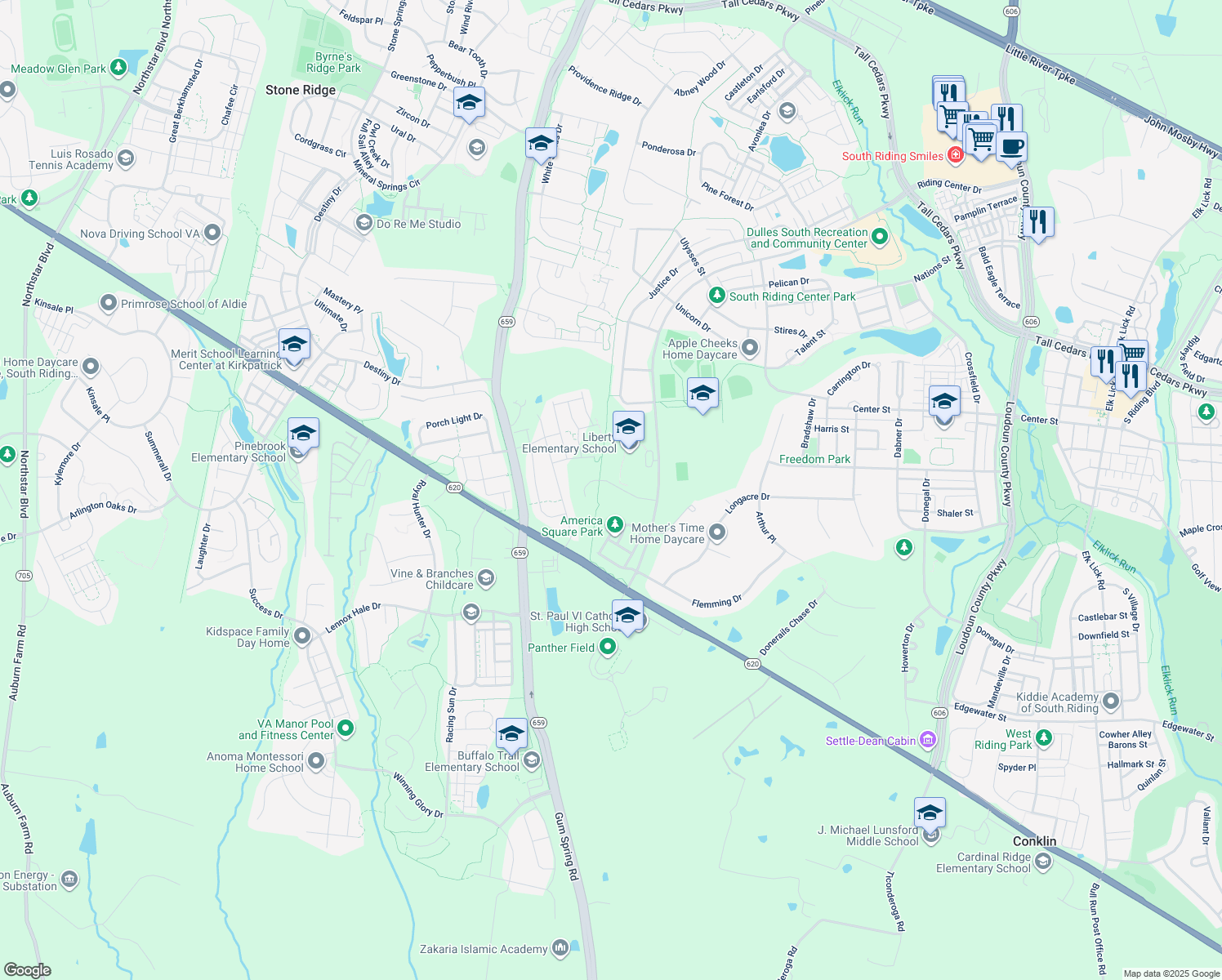 map of restaurants, bars, coffee shops, grocery stores, and more near 42309 Magistrate Court in Chantilly