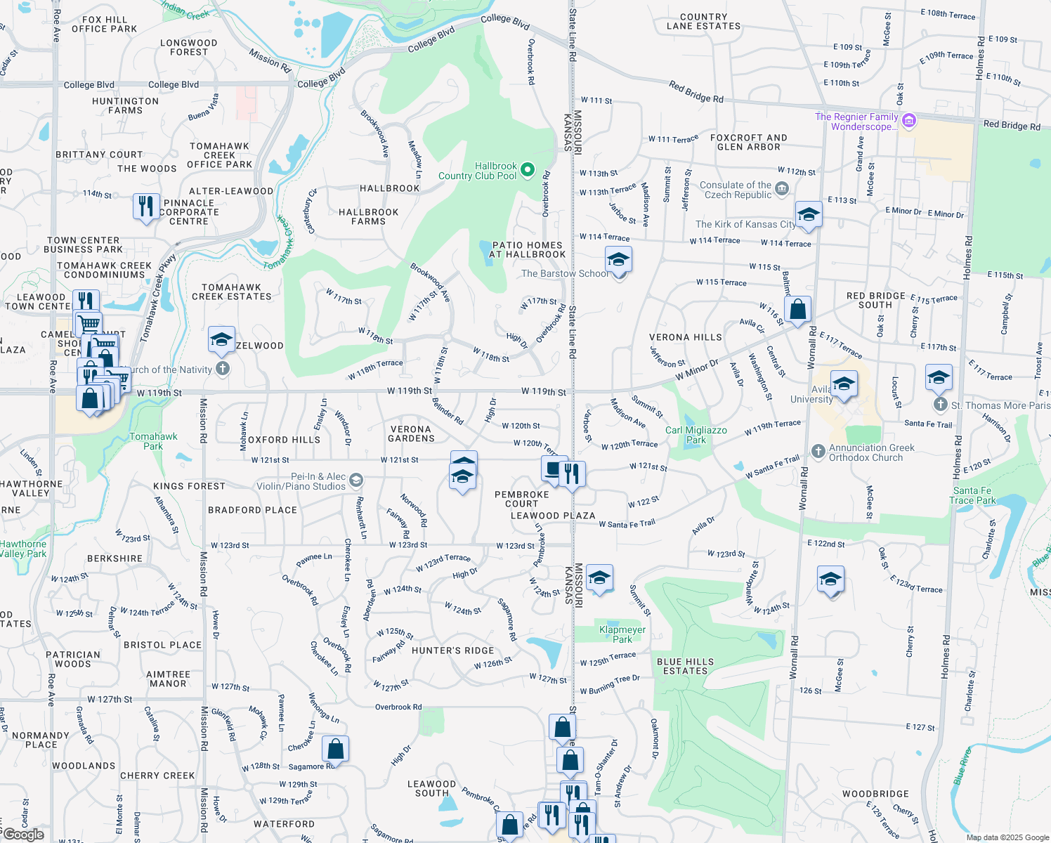 map of restaurants, bars, coffee shops, grocery stores, and more near 2118 W 120th St in Leawood