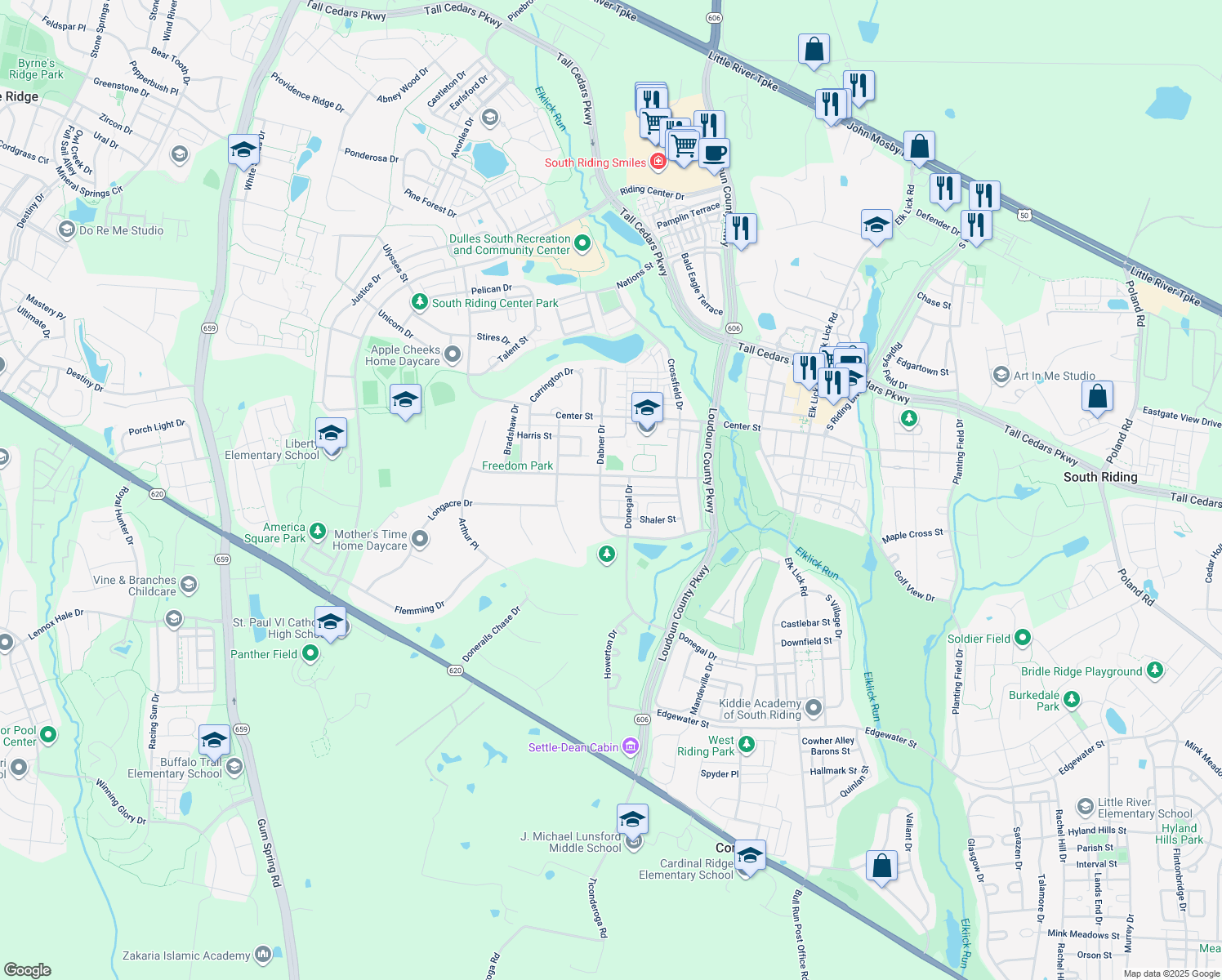 map of restaurants, bars, coffee shops, grocery stores, and more near 42751 Stadler Lane in Chantilly