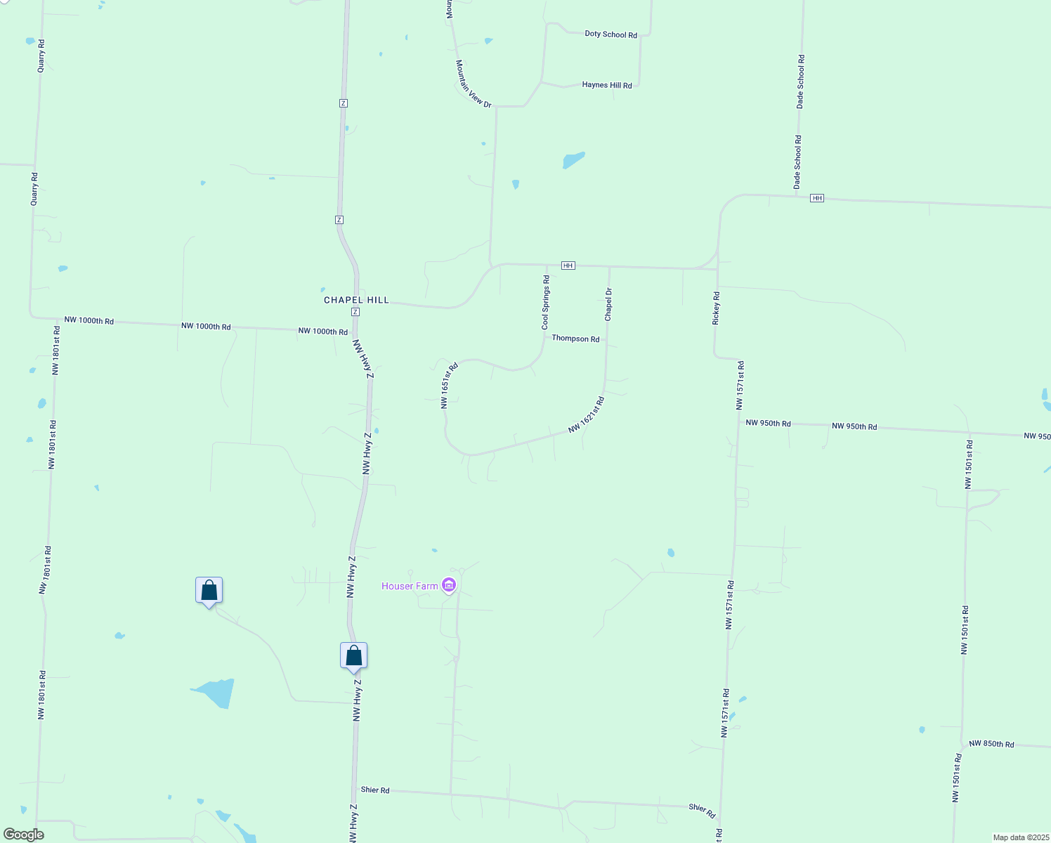 map of restaurants, bars, coffee shops, grocery stores, and more near 980 Northwest 1621st Road in Bates City