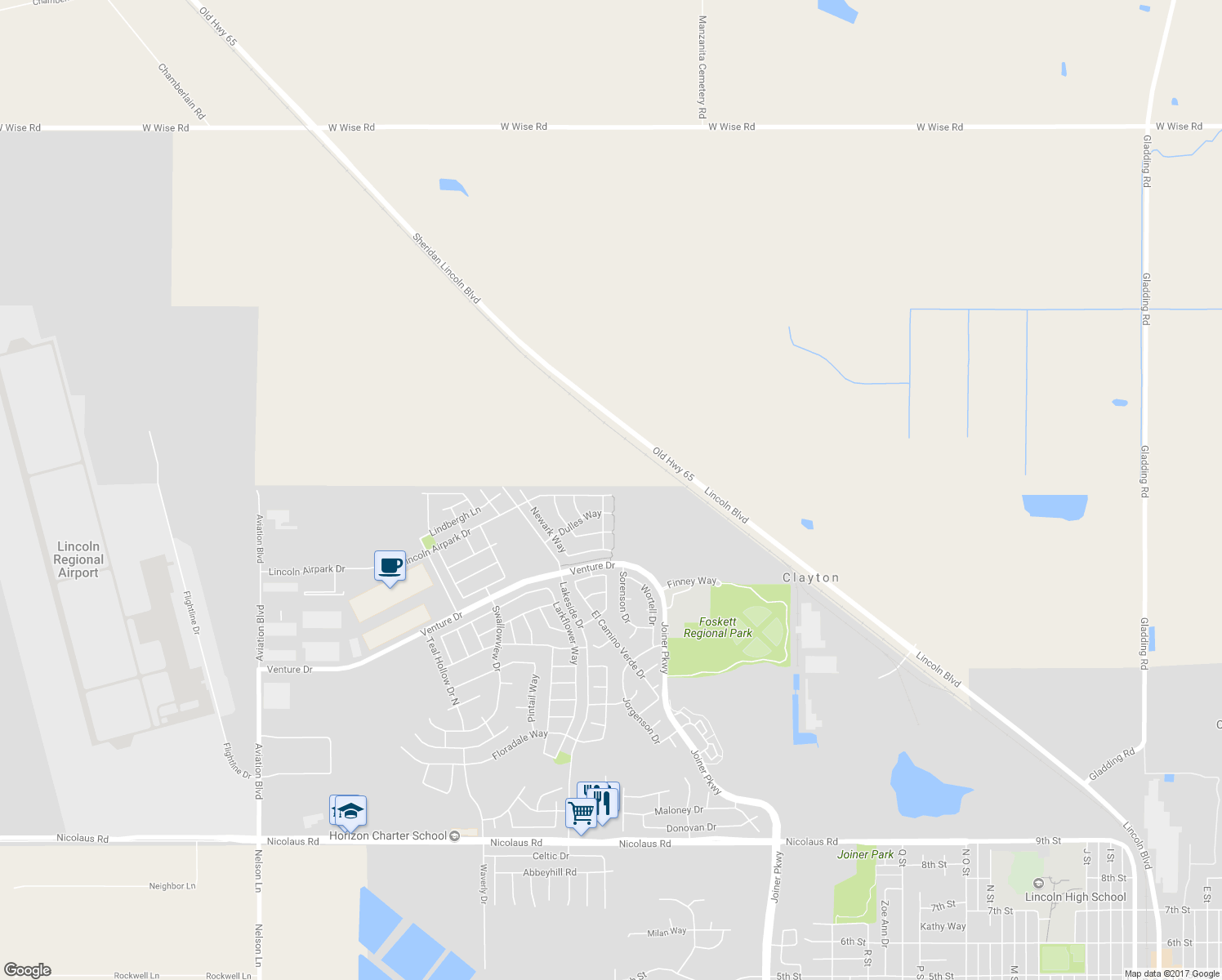 map of restaurants, bars, coffee shops, grocery stores, and more near 2420 Lincoln Airpark Drive in Lincoln