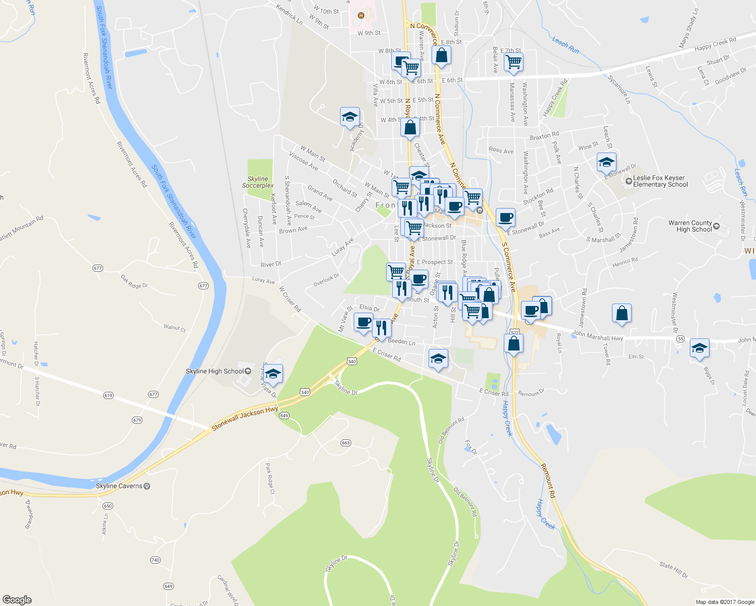 map of restaurants, bars, coffee shops, grocery stores, and more near 524 Lillard Drive in Front Royal