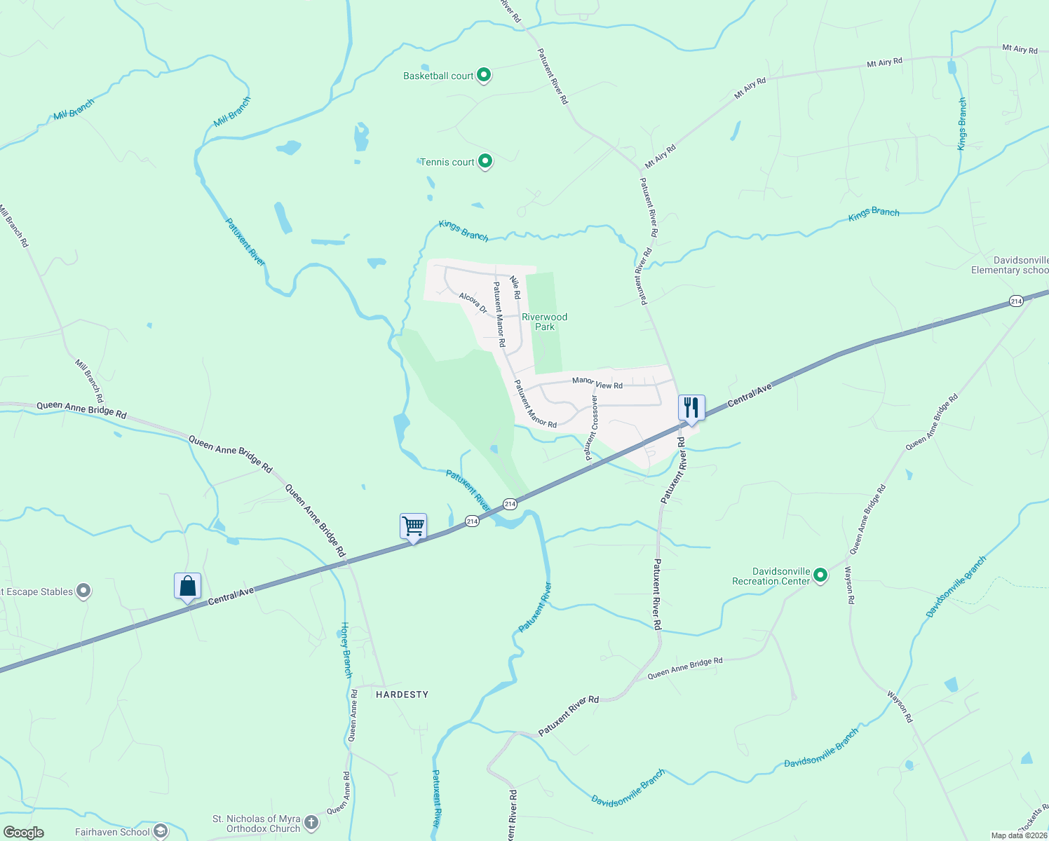 map of restaurants, bars, coffee shops, grocery stores, and more near 1547 Patuxent Manor Road in Davidsonville