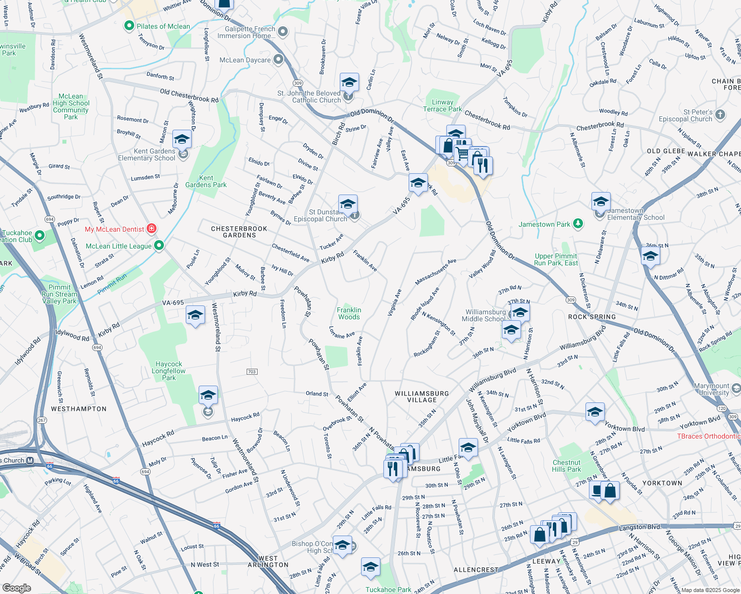 map of restaurants, bars, coffee shops, grocery stores, and more near 1917 Kenbar Court in McLean