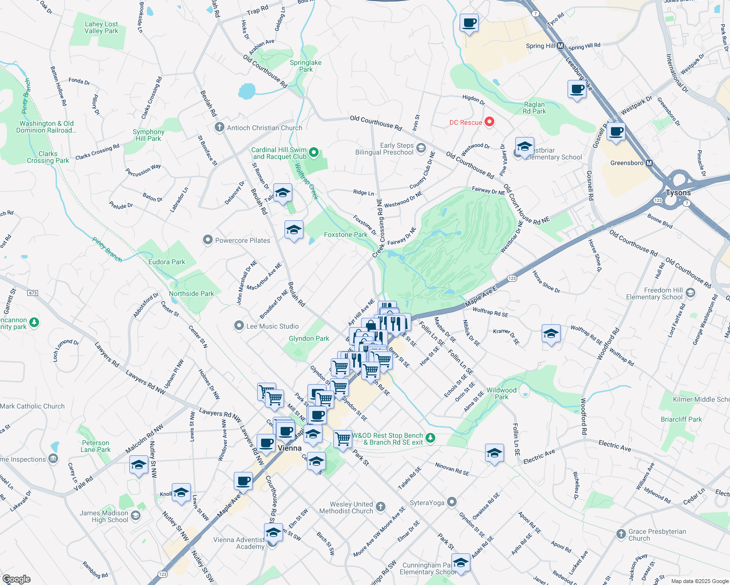 map of restaurants, bars, coffee shops, grocery stores, and more near 317 Westview Court Northeast in Vienna